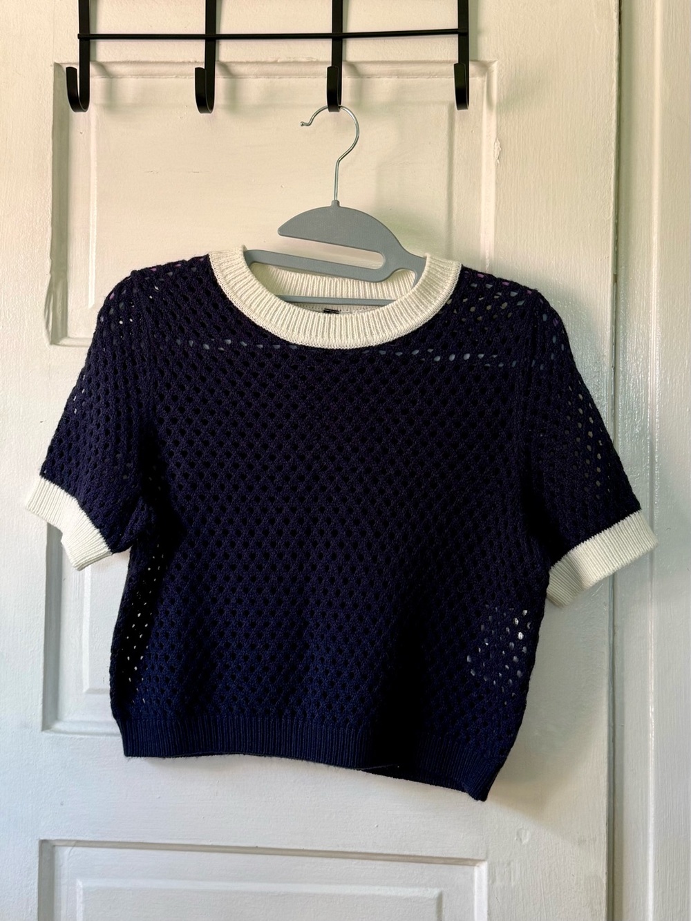Divided Navy Blue Open Crochet Crop Top with White Trim
